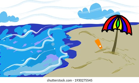 Vector cartoon sea beach background, beach umbrella and sunscreen tube on the sand coast