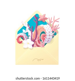 vector cartoon sea clipart. Open vintage envelope