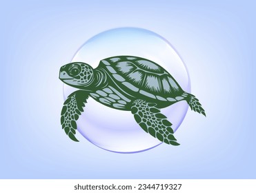 Vector cartoon sea green turtle on air bubble background. Graphic icon or sticker.