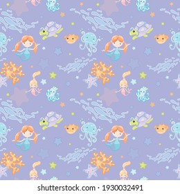 Vector Cartoon sea life animals underwater and red hair mermaids. Wallpaper seamless repeat tile pattern on purple background for baby room