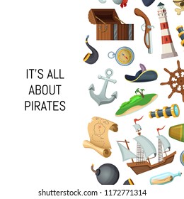 Vector cartoon sea pirates background with place for text illustration. Banner with sail boat