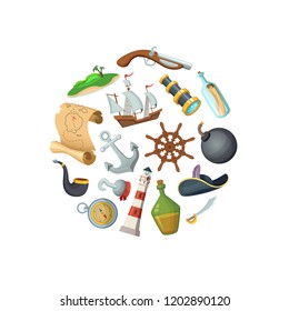 Vector cartoon sea pirates in circle shape illustration. Pirate ship and adventure, sword and captain hat