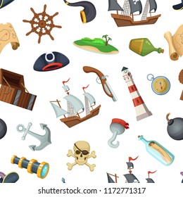 Vector cartoon sea pirates pattern or background illustration. Sail ship and travel