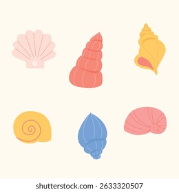 Vector cartoon sea shells on isolated white background. Tropical beach shells set.