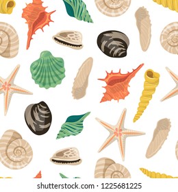 Vector cartoon sea shells pattern or background illustration