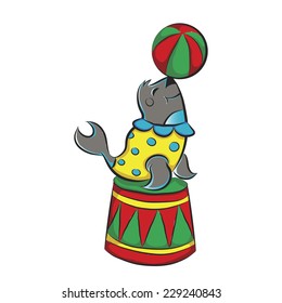 Vector cartoon seal  holding the ball on his nose. Circus animals in suits.
