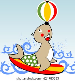 vector cartoon of seals playing ball on surfboard in the beach