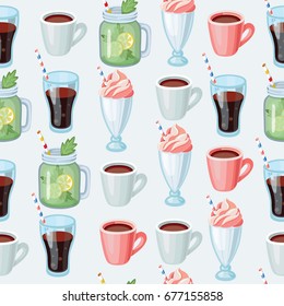 Vector cartoon seamless background: non-alcoholic beverages herbal tea, smoothie, milk shake, lemonade cola, Mojito mint and lemon with striped straw. Vector illustration, isolated on white. Pattern.