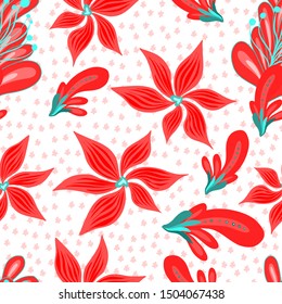 Vector cartoon seamless floral pattern. Beautiful composition with flowers and leaves for kids clothing, wrapping paper, bed linen, textile, fabric, cover, wallpaper, cute prints and kids designs.