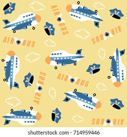 Vector cartoon seamless pattern of airplane with pilot cap, air transport elements