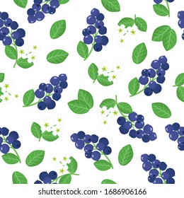Vector cartoon seamless pattern with Amelanchier or shadberry exotic fruits, flowers and leafs on white background for web, print, cloth texture or wallpaper