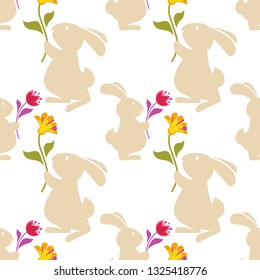 Vector cartoon seamless pattern background with cute bunny rabbit holding flowers with his hands