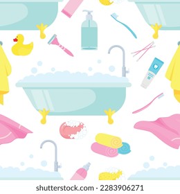 Vector cartoon seamless pattern of bathroom hygiene items. The concept of cleanliness and self-care. Beautiful elements for your design.