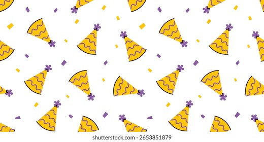 Padrão sem emenda de desenho animado vetorial com bonés de aniversário. Design divertido para uso em férias. Padrão de chapéu de festa adequado para embrulhar papel, tecido ou fundo decorativo.