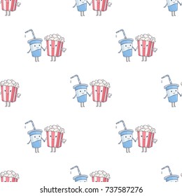 Vector cartoon seamless pattern with boy soda cup drink and popcorn girl on white background