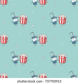 Vector cartoon seamless pattern with boy soda cup drink and popcorn girl 