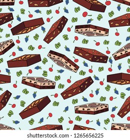 Vector Cartoon Seamless Pattern With Brownie On Blue Background.
