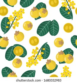 Vector cartoon seamless pattern with Byrsonima crassifolia or nance  exotic fruits, flowers and leafs on white background for web, print, cloth texture or wallpaper.