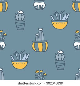 Vector cartoon seamless pattern with cactus in pot for your design