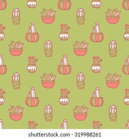 Vector cartoon seamless pattern with cactus in pot for your design