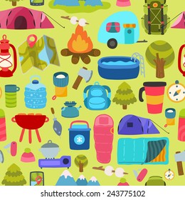 Vector cartoon seamless pattern with Camping icons -tent, backpack, thermos, sleeping bag, penknife, tree, van, gas, kerosene lamp, smart phone navigator, flashlight, compass, grill with sausage