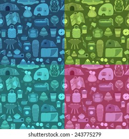 Vector cartoon seamless pattern with Camping icons -tent, backpack, thermos, sleeping bag, penknife, tree, van, gas, kerosene lamp, smart phone navigator, flashlight, compass, grill with sausage