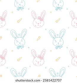 vector cartoon seamless pattern with carrots and bunnies. cute outline wallpaper for Easter holiday