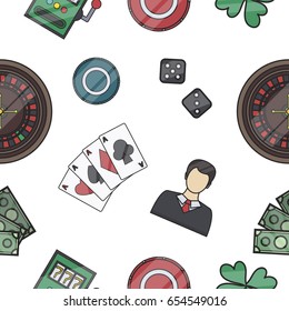 Vector cartoon seamless pattern with casino elements for gift wrapping paper, covering and branding on the white background. Concept of gambling and game of chance.