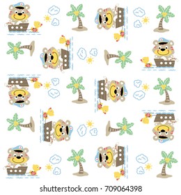 Vector cartoon seamless pattern of cat on boat pulling by duck, tropical elments