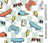 Vector cartoon seamless pattern with the checked background. Game controllers, skateboards seamless pattern. Seamless repeat pattern.