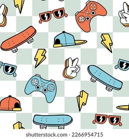 Vector cartoon seamless pattern with the checked background. Game controllers, skateboards seamless pattern. Seamless repeat pattern.