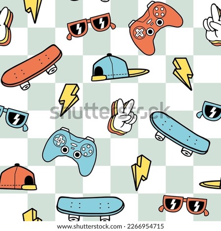 Vector cartoon seamless pattern with the checked background. Game controllers, skateboards seamless pattern. Seamless repeat pattern.