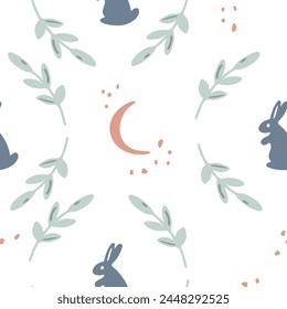 Vector cartoon seamless pattern for children. Decorative moon, stars, bunnies and branches in pastel colors and simple hand drawing. Flat doodle illustration for textile background and card templates