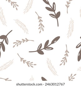 Vector cartoon seamless pattern for children. Decorative brunches and feathers in brown colors and simple hand drawing. Flat doodle illustration for textile background and templates