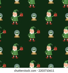Vector cartoon seamless pattern with Christmas elves