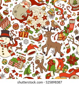Vector cartoon seamless pattern. Christmas tree baubles, Santa with sack, snowman, socks, gingerbread man, deer and bird, holly berries and poinsettia, gifts and snowflakes.