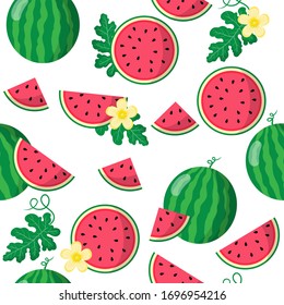 Vector cartoon seamless pattern with Citrullus lanatus or Watermelon exotic fruits, flowers and leafs on white background for web, print, cloth texture or wallpaper.