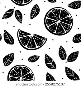 Vector cartoon seamless pattern with Citrus sinensis or Orange exotic fruits, flowers and leafs on white background for web, print, cloth texture or wallpaper.