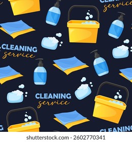Vector cartoon seamless pattern with cleaning equipment includes water bucket with bubbles, soap with bubbles, soap bottles, washing rags and lettering Cleaning servie isolated on dark blue background