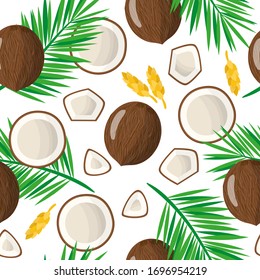 Vector cartoon seamless pattern with Cocos nucifera or Coconut exotic fruits, flowers and leafs on white background for web, print, cloth texture or wallpaper.