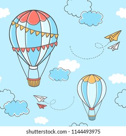 Vector cartoon seamless pattern with colorful hot air balloons, paper planes and clouds on blue background