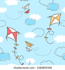 Vector cartoon seamless pattern with colorful flying kites, paper planes and clouds on blue sky background