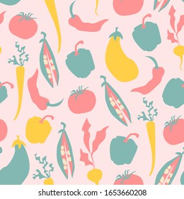 Vector cartoon seamless pattern with colorful vegetables on white background. Cabbage tomato pepper. Yellow blue pink colors. Kitchen textile, children wallpaper, texture, poster, package.