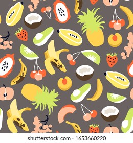 Vector cartoon seamless pattern with colorful tropical fruit on grey background. Banana pineapple peach avocado coconut. Kitchen textile, web banners, vegan shop package design, poster, cover texture.