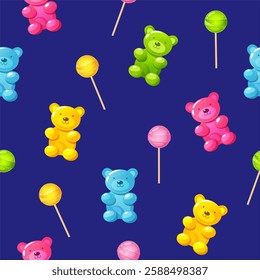 Vector cartoon seamless pattern with colorful jelly bear and lollipop sweets isolated on bright blue background.