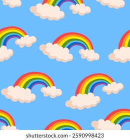 Vector cartoon seamless pattern with colorful rainbows isolated on light blue background.