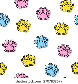 Vector cartoon seamless pattern of colorful paw prints in pink, yellow, and blue with bold black outlines on a clean white background, perfect for pet-themed designs, textiles, wrapping paper, etc.