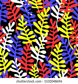Vector cartoon seamless pattern with colourful tropical leaves on the dark background. Yellow blue red. Modern fun floral texture. For textile design posters web banner wallpaper cover. Exotic flora.