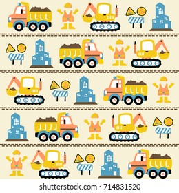 vector cartoon seamless pattern of construction vehicles with construction elements