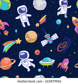 Vector cartoon seamless pattern with cosmos elements like galaxy, astronaut, stars, spaceship, moon and so on